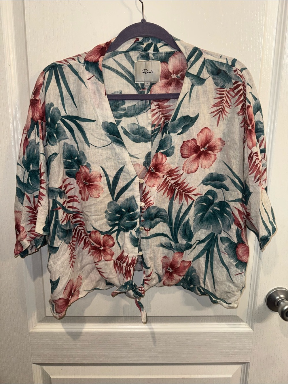 Rails Cream Floral Tie-Front Button-Down Shirt with Green & Pink Print